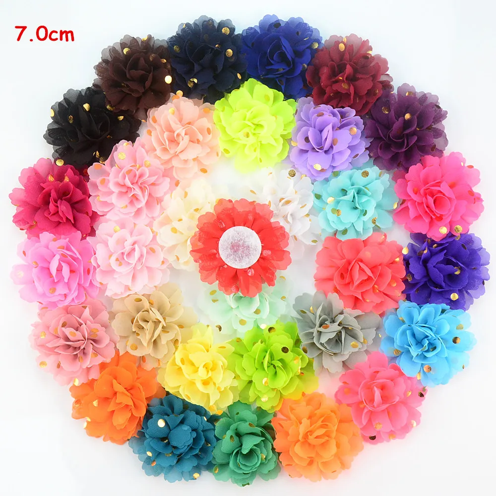 

32pcs/lot Popular 7.0cm Small Gold Polka Dot Fabric Chiffon Flower Flat Back Ballerina Ruffle Flowers Headband Accessories TH227