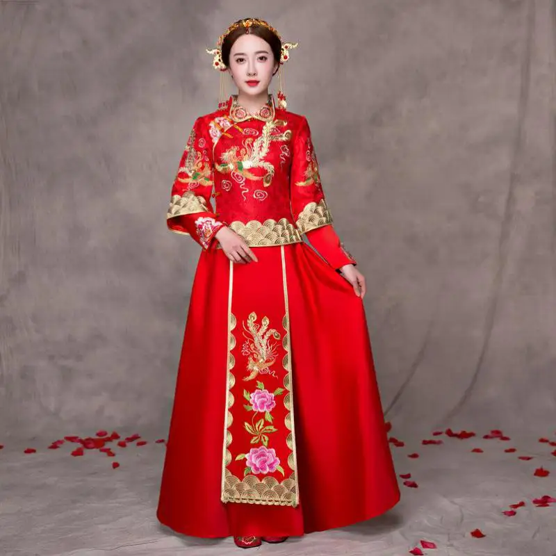Красный традиционный свадебное платье элегантный Для женщин пол Длина Cheongsam Винтаж китайский невесты брак костюм классический длинное