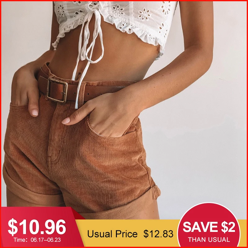 Missychilli Corduroy Khaki casual shorts Women high waist