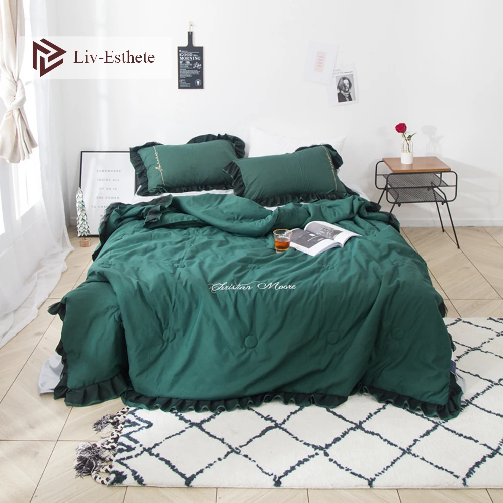 

Liv-Esthete Luxury Beauty Dark Green Quilt Lace Duvets Comforter Double Queen King Bed Linen For Girl Gift As Like Soft Blanket