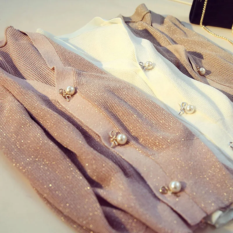 

knitted pearl women sweater and cardigan short silk solid office lady elegant outwear coat tops top quality