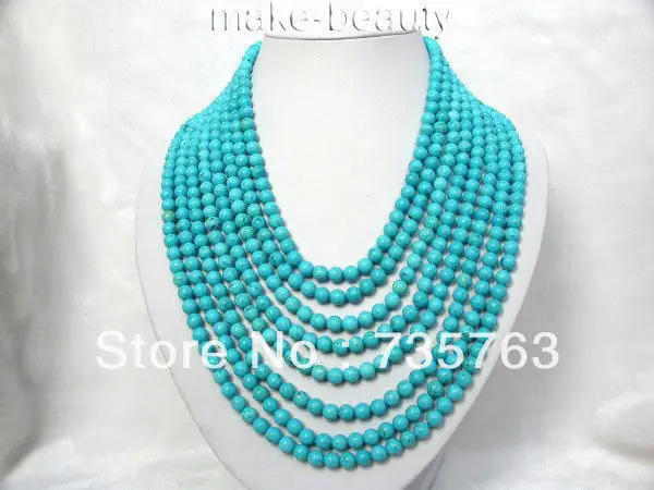 

xiuli 0010 wonderful 8rows 6mm round blue natural turquoise necklace