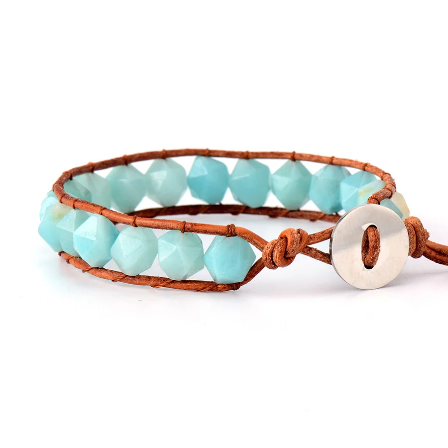 

New DIY Genuine Leather Amazonite Natural Stone Beads Bracelets Stainless Steel Clasps Bracelet For Women Gifts, Drop Shipping