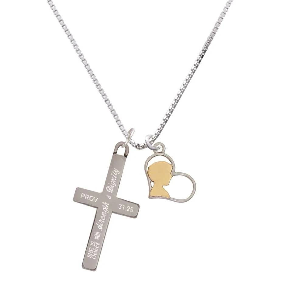 Two Tone Boy Silhouette in Heart - Strength and Dignity - Cross Necklace