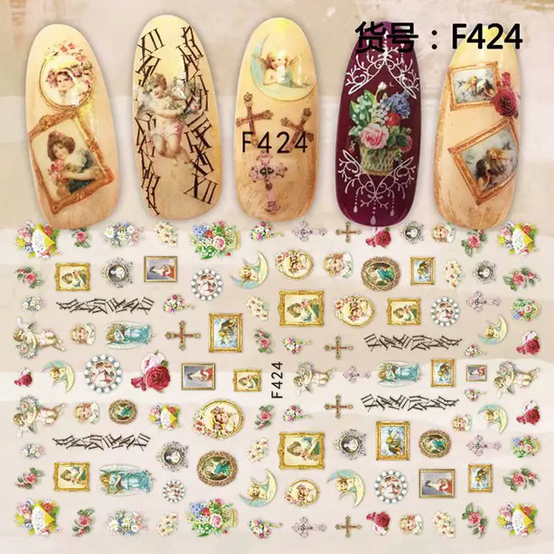 1 лист 3D Godness Девы Марии Купидон дети картина с церковью шаблон клей дизайн ногтей наклейки украшения DIY салон Совет F42X - Цвет: F424
