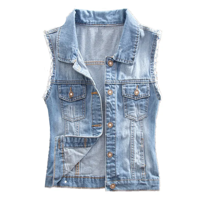 

G1034 Spring summer 2019 new women's fashion slim big size student lapel denim vest coat cheap wholesale