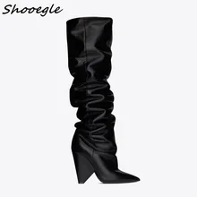 SHOOEGLE/Новинка; дизайнерская обувь; черные кожаные сапоги до колена; Femininas Sapatos; высокий массивный каблук; zapatos mujer; DHL;