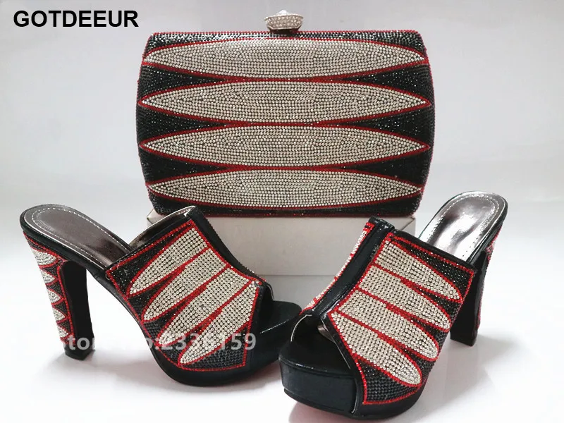 

New Arrival Black Color Shoes and Bag Set Decorated with Rhinestone Wome Shoe and Bag To Match for Parties Nigerian Shoes Bag