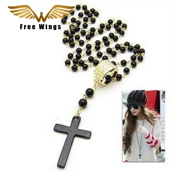 

Black Beads Cross Necklaces Pendants Gold Metal Vintage Retro Necklaces New Long Necklace Women Chain Gift