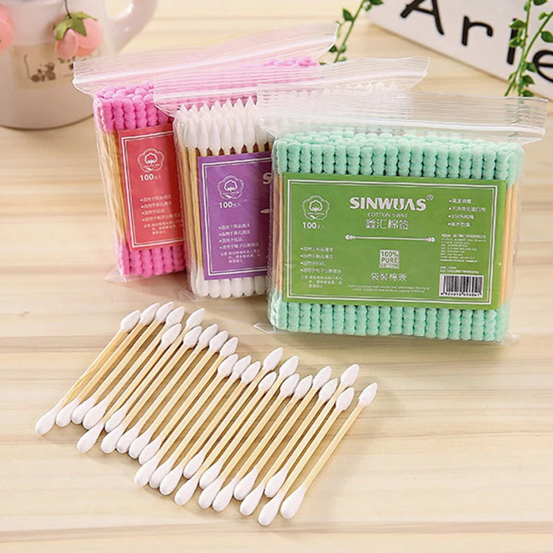 

100 Pcs Color Double Head Cotton Swab Makeup Cotton Buds Tip For Medical Bamboo Wood Sticks Nose Ears Cleaning Health Care Tools