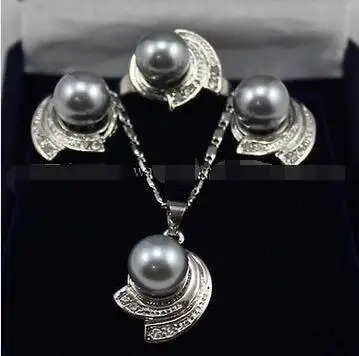 

Free Shipping>>new hot 10MM Gray South sea Shell Pearl Earrings Ring & Necklace Pendant Set