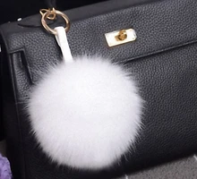 15 cm de Lujo Mullido Real de Piel de Zorro Bola de Pom Pom de la Felpa tamaño Genuino de Piel Llavero Anillo de Metal Colgante Del Encanto Del Bolso Fo-K010-white