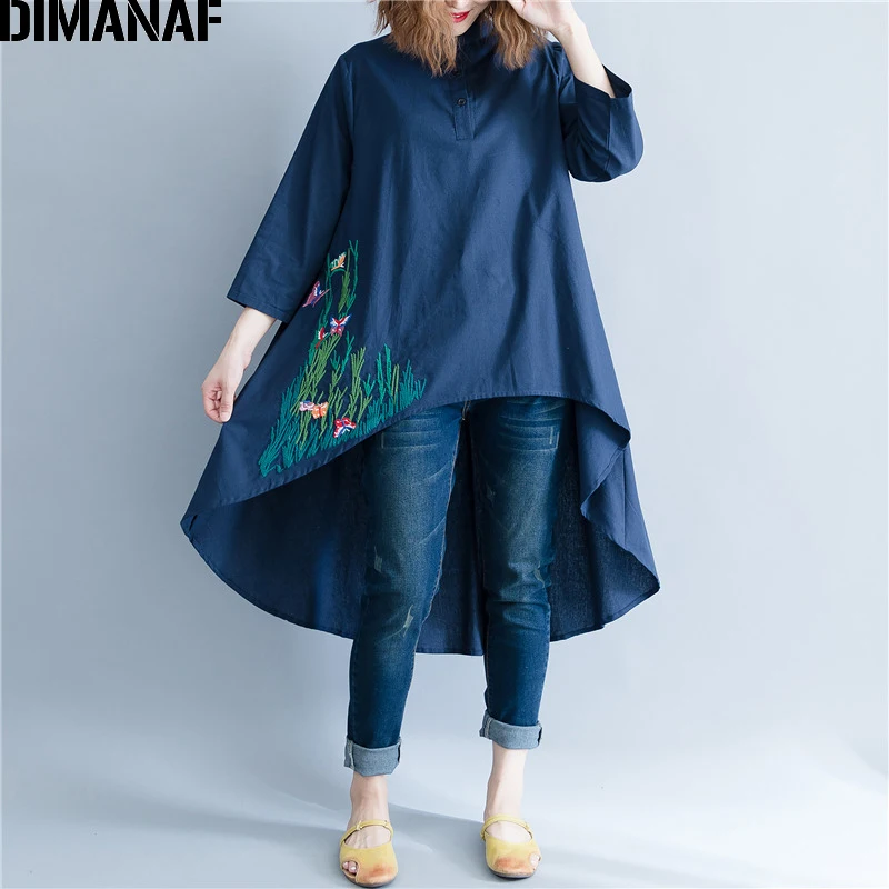  DIMANAF Women Blouse Shirt Long Sleeve Linen Thin Top Autumn Embroidery Femme Lady Large Loose Big 