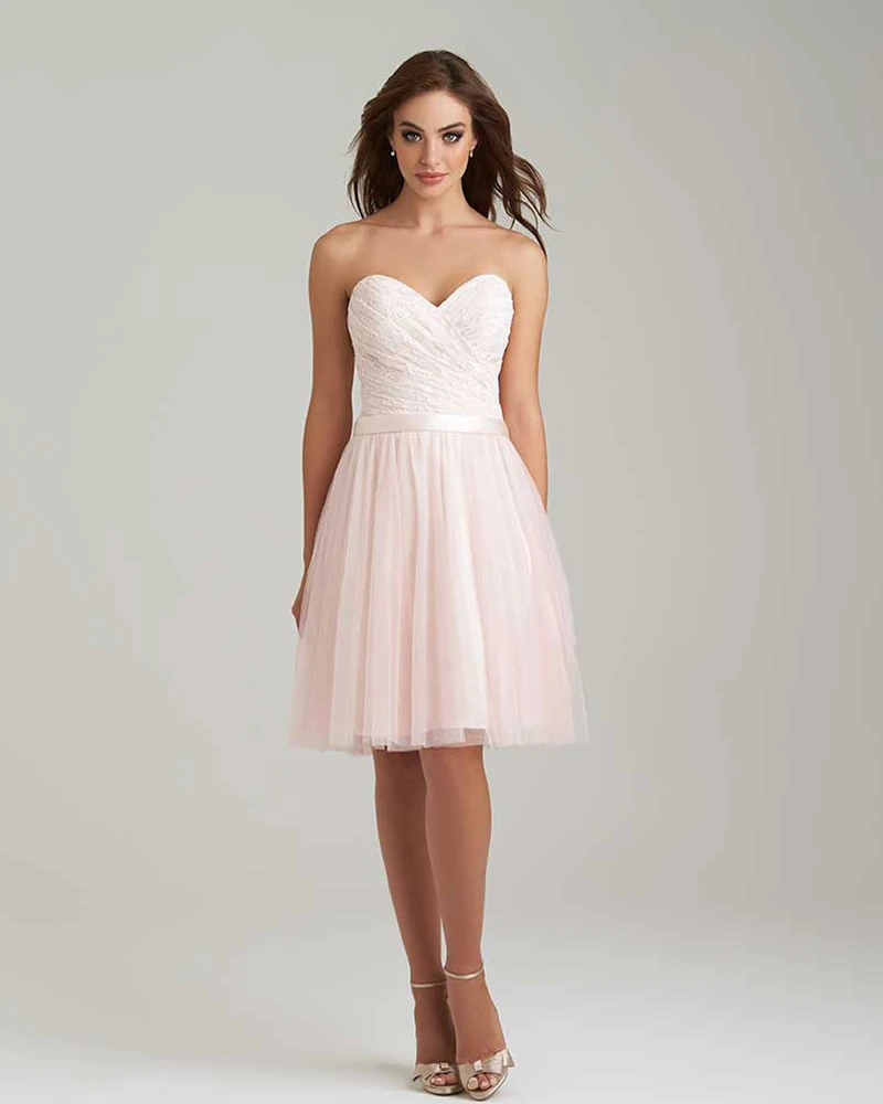 Baby Pink Lace Bridesmaid Dress Sweetheart Tulle Short Party Dresses with Satin Sash Backless