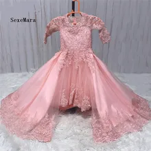 Новое поступление, Платья с цветочным узором для девочек на свадьбу, Кружевная аппликация из бисера, одежда для маленьких девочек Vestido De Daminha, со съемным шлейфом