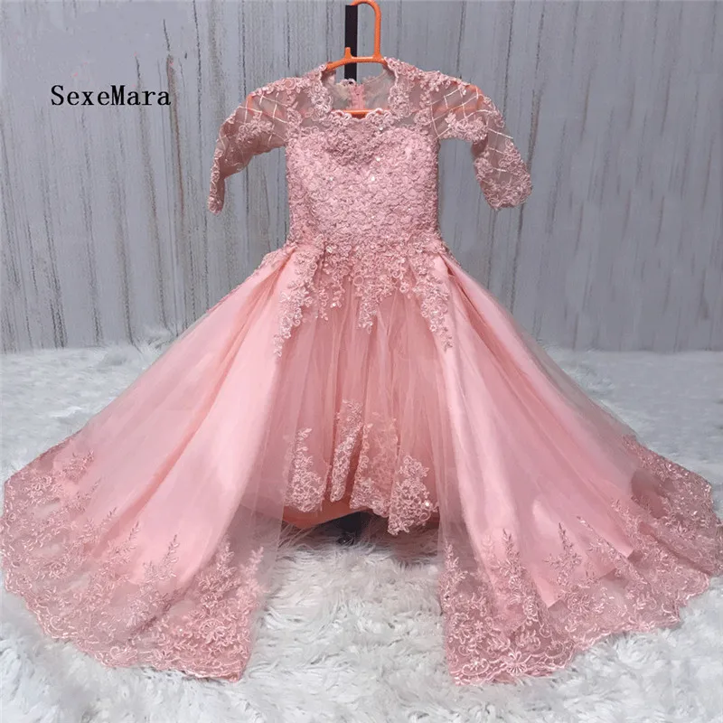 Nieuwe Aankomst Bloem Meisje Jurken voor Bruiloften Lace Applique Kralen Meisjes Kleding Vestido De Daminha Afneembare Trein Nieuwe Aankomst Bloem Meisje Jurken voor Bruiloften Lace Applique Kralen Meisjes Kleding Vestido De Daminha Afneembare Trein