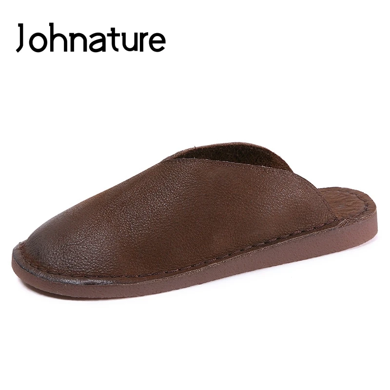 

Johnature Genuine Leather Solid Slippers Summer Outside Sandals Sewing Flat With Slides Soft Comfortable Retro Women Shoes
