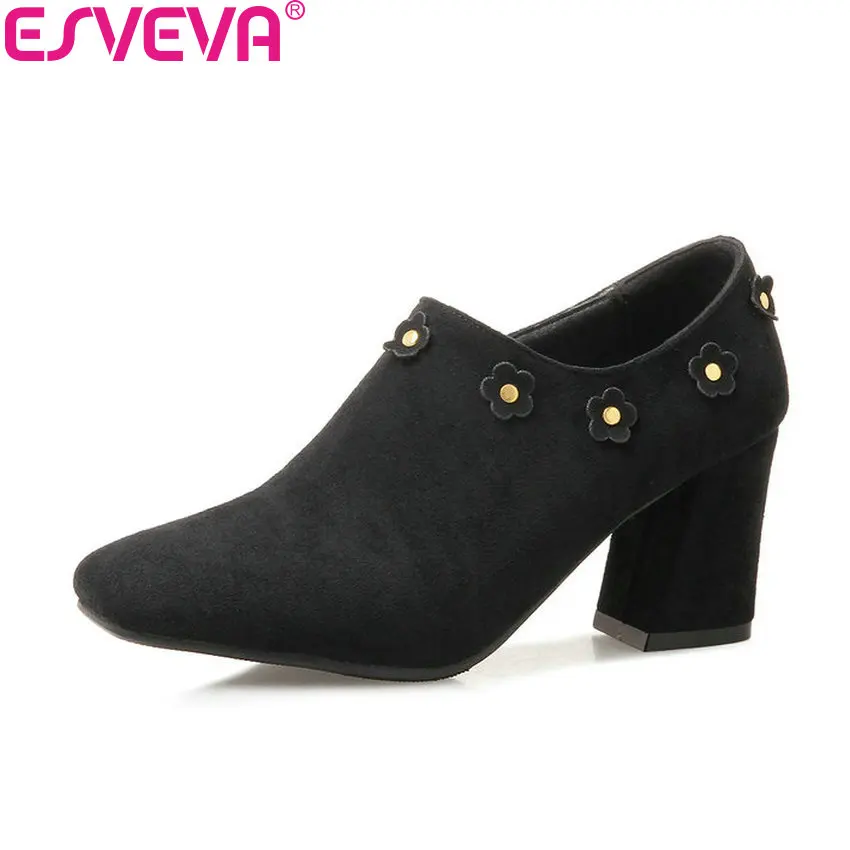 

ESVEVA 2018 Women Boots Flower Elegant Shoes Square Heels Square Toe Zipper Boots High Heels Ankle Boots Ladies Boots Size 34-43