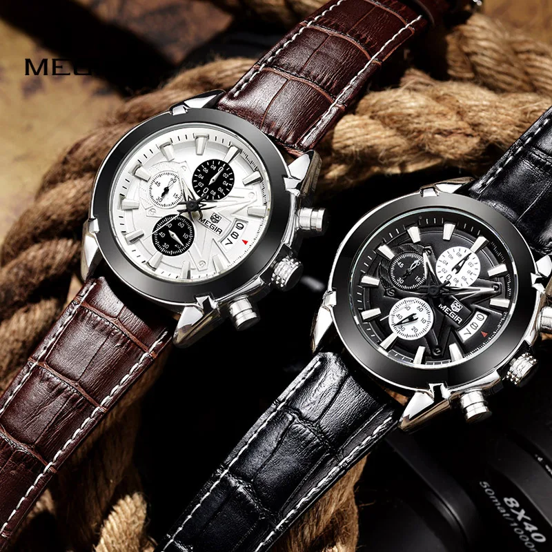 MEGIR Luxury Brand Military Watches Men Quartz  Chronograph 6 Hands Leather Clock Man Sports Army Wrist Watch Relogios Masculino