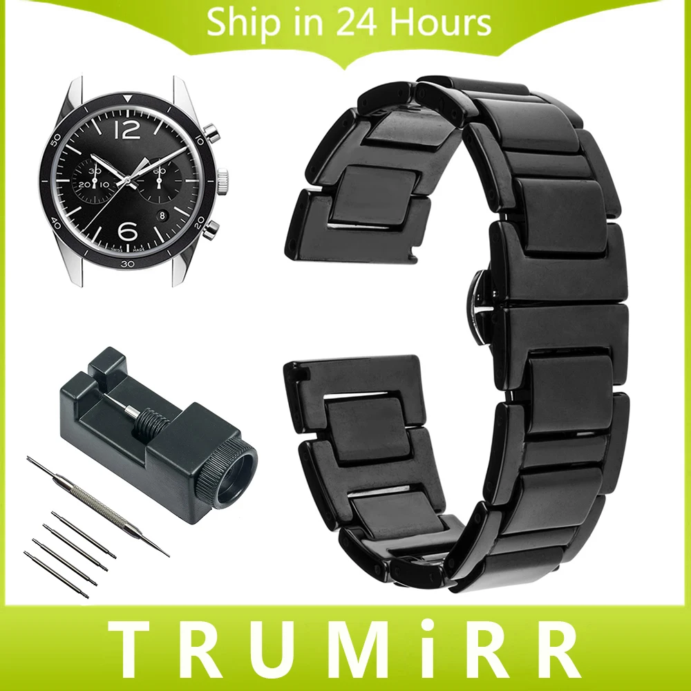 18mm 20mm Full Ceramic Watchband for Bell & Ross Vintage Men Women Watch Band Butterfly Buckle Wrist Strap Bracelet Black White