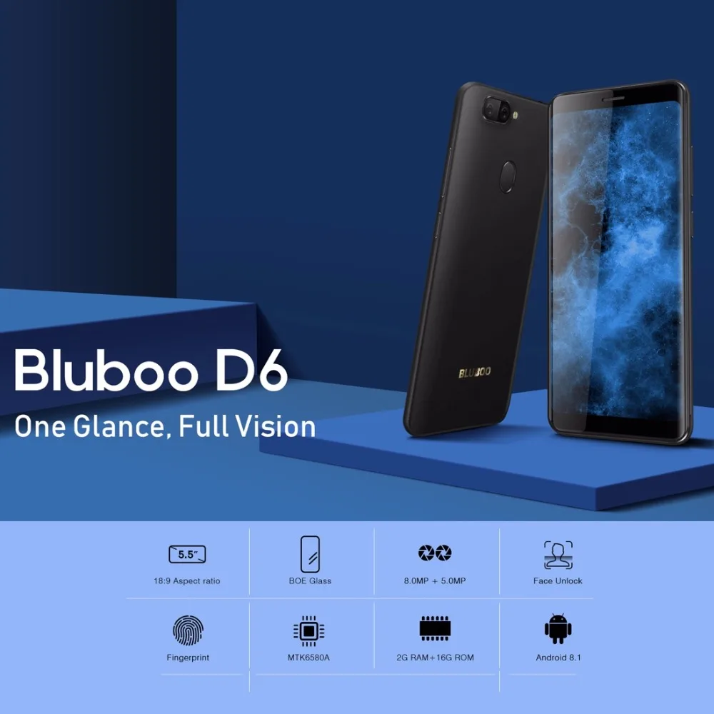 Bluboo D6 Smartphone 5.5'' IPS 18:9 Screen MT6580A Quad Core 2GB RAM 16GB ROM Android 8.1 Face Unlock Cellphone 3G Mobile Phone