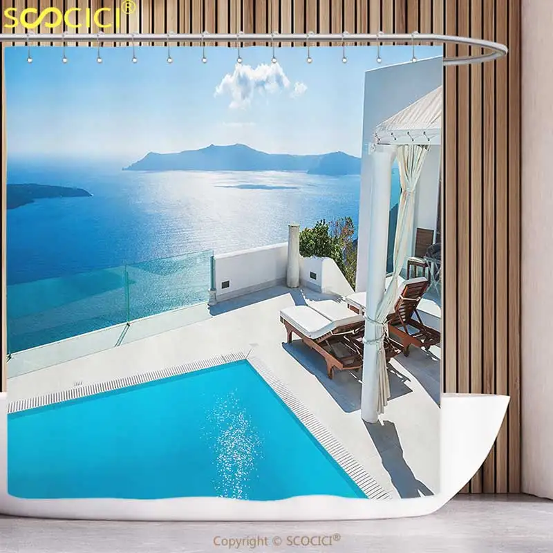 

Polyester Shower Curtain House Decor Collection Architecture on Santorini Island Greece Swimming Pool Hotel Sea View Pattern