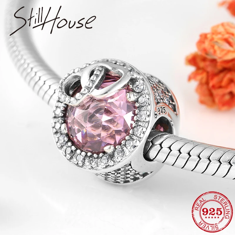 

Authentic 925 Sterling Silver Pink Zircon hearts charms beads Fit Original Pandora Charm Bracelet Jewelry making