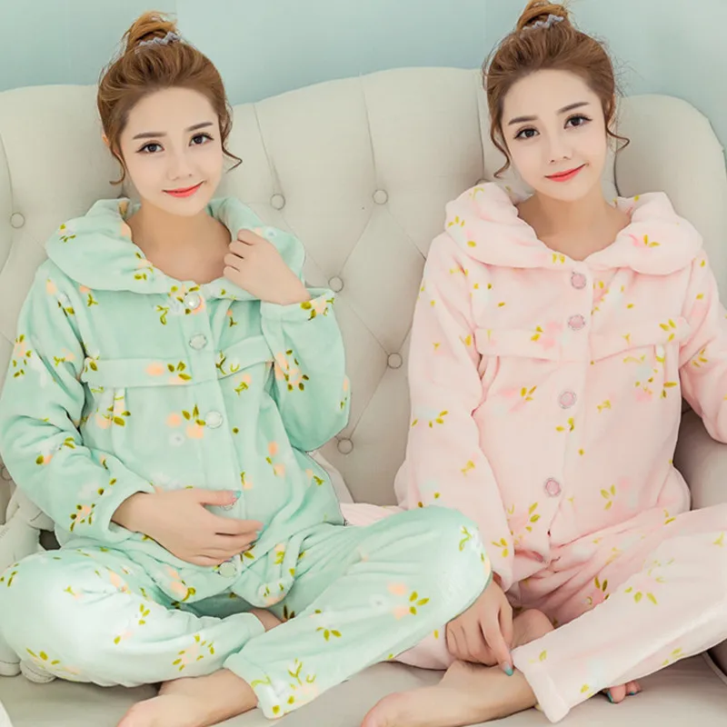 

2018 Winter Thickening Pregnant Pajamas Flannel Maternity Clothes Set Flannel Breast-Feeding Home Wear Nursing Clothing