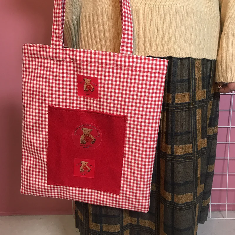 

Canvas Eco Shopping Tote Shoulder Bag Red Plaid Grid Check Embroidery Bear Patch XingYe