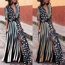 Модное женское платье в горошек с v-образным вырезом ассиметричное пляжное длинное платье макси с разрезом и поясом одежда для путешествий