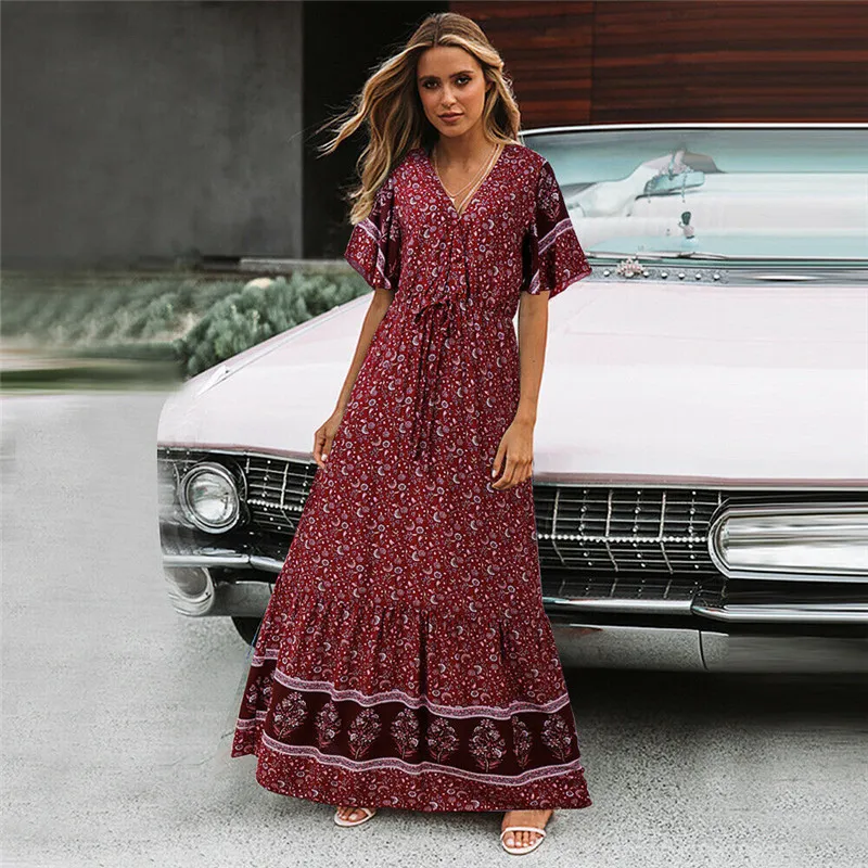 

Summer Beach Maxi Dress Women Floral Print Boho Long Chiffon Dress Casual V-Neck Sexy Vestidos Party Dress Robe Femme
