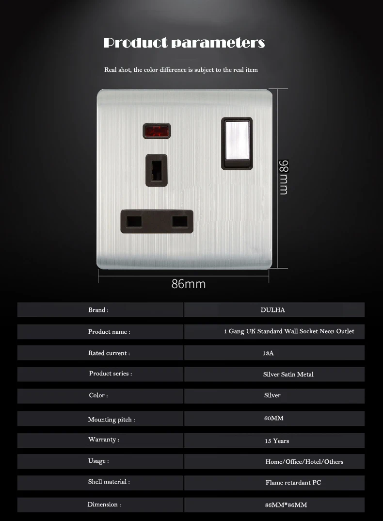 Дулха UK 13A 250V стены переключила гнездо 1 секция электрические Мощность 2 неоновый светильник розетка штепсельная вилка британского стандарта Роскошные атласные Нержавеющая сталь Панель