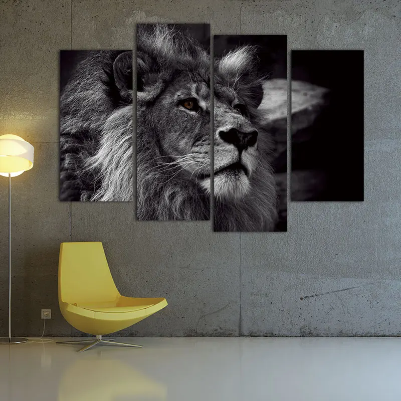 Lion Head Portrait Wall Art Painting Black And White Gray Pictures Print On Canv