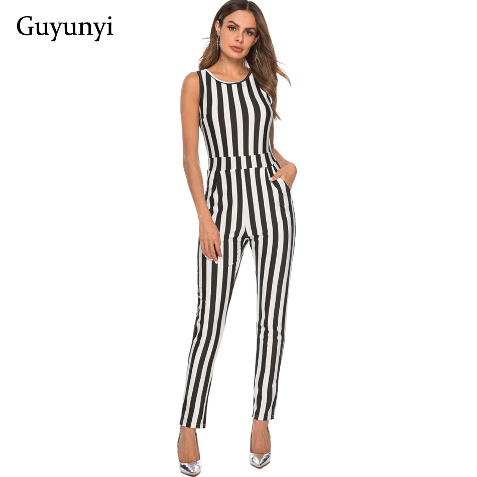 

Summer New White Bodycon Backless Stripe Jumpsuits Women Sexy Party Clubwear Jumpsuits Casual Overalls Jumpsuit