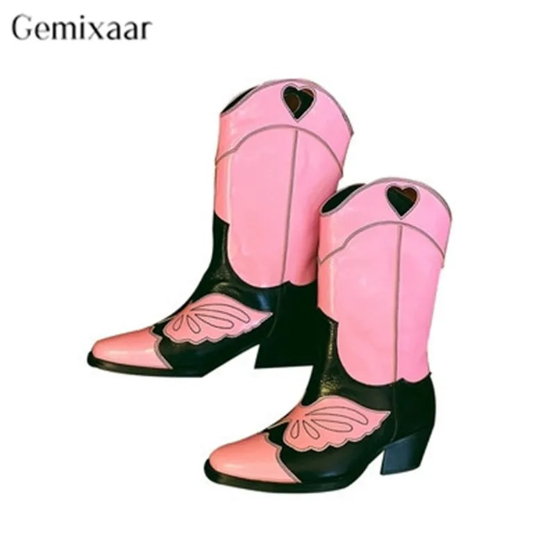 

2019 Arriving Sewing Leather Mixed Color Boots Woman Square Toe Square Heel Knee High Botas Classic Shopping Bota Feminina