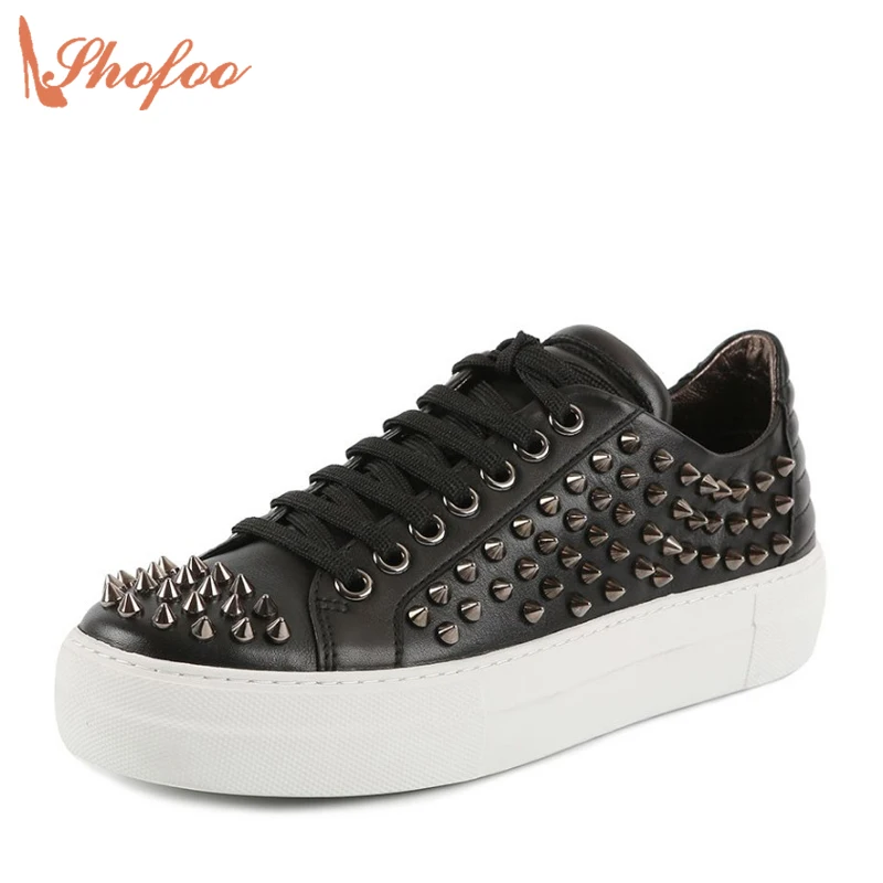 

Black Genuine Leather Handmade Shofoo Summer Women 2017 Fashion Rebit T-Strap Casual Rivet Flats Woman Platform Shoes Walking