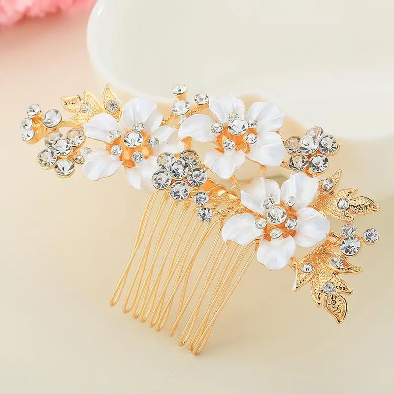 

Hand-Made Rhinestone Insert Comb Flower Hairdress Gold Color Elegant Hair Crystal Clip Accessories Comb Bride Headdress Jewelry