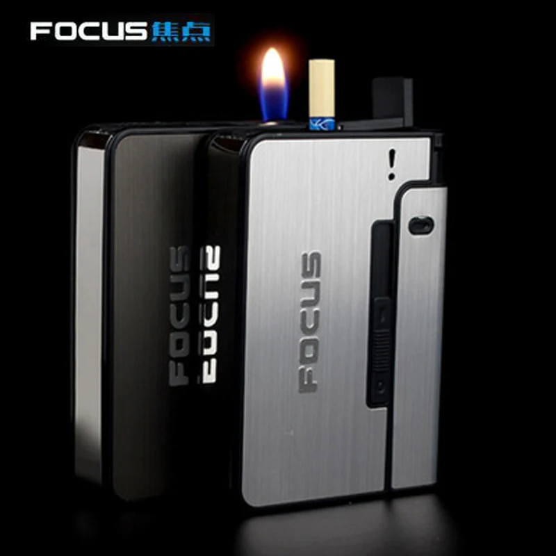 

FOCUS Portable Metal Cigarette Boxes With Kerosene Oil Lighter 10pcs Cigarette Holder Case Lighter Gadget For Men Christmas Gift