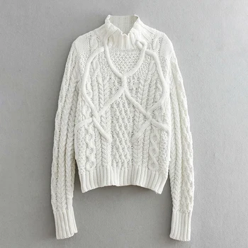 

Autumn-Winter Women Solid Warm Turtleneck Sweater Knitted Loose White Pullover Tops Female Twist Shape Jumpers Pull Femme Hiver