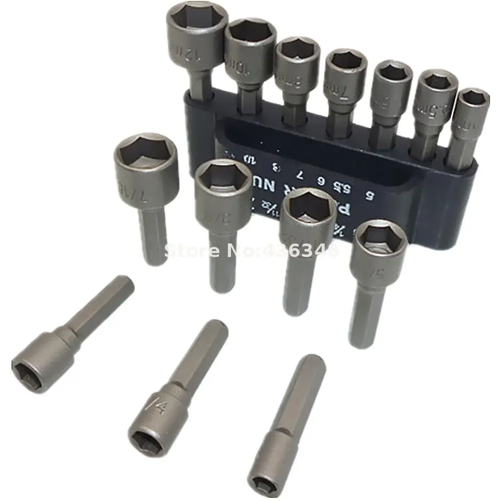

14pcs Power Nut Driver Bit Dual Sae Metric Bits 1/4" Hex Shank Nutdrivers Wrench Quick-change Power Nutdriver Bit Set With Base