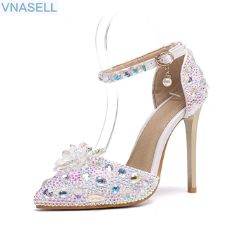 

new high-heeled word with colored diamonds crystal wedding shoes shallow mouth pointed wedding shoes water high heels