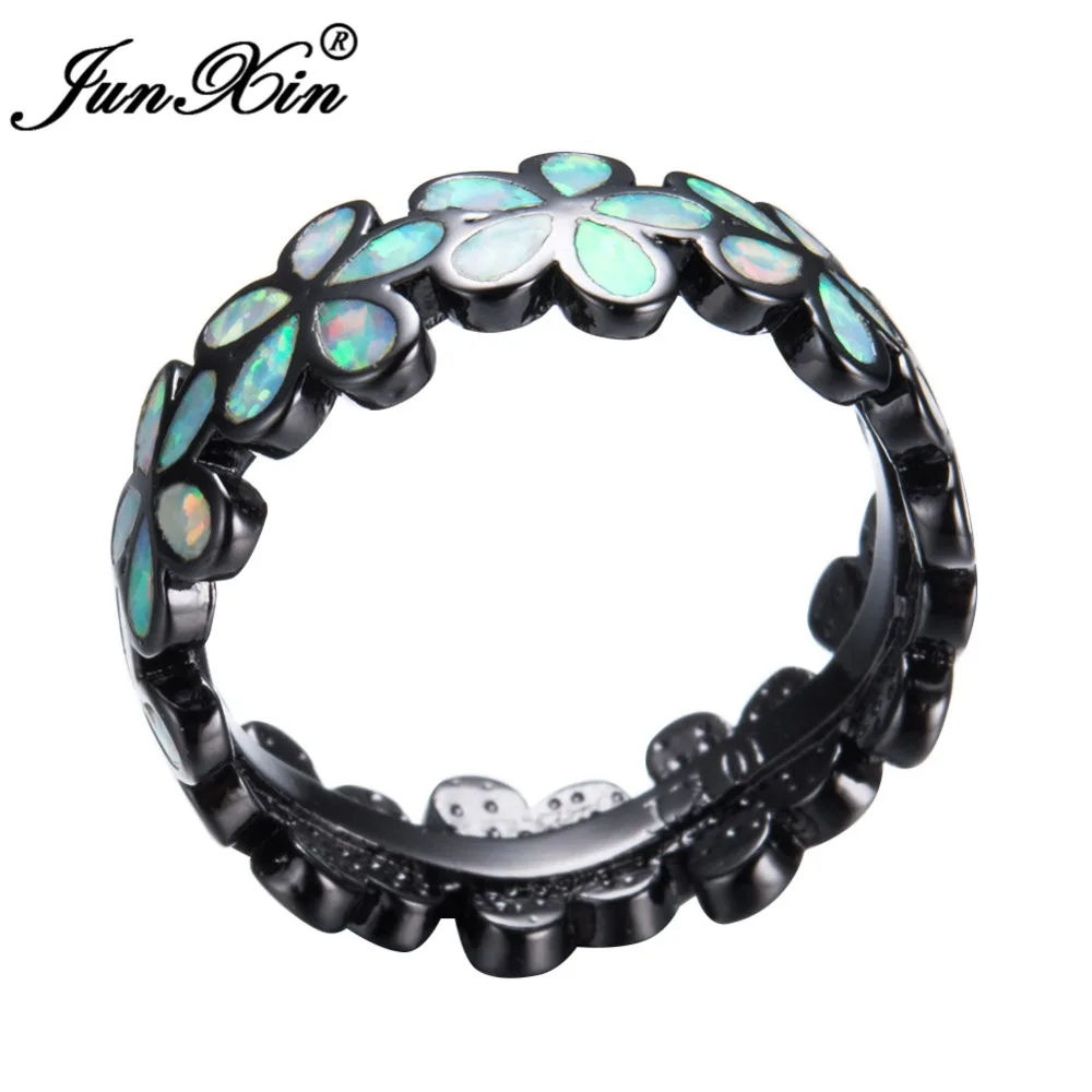JUNXIN Fashion Black Gold Filled Rings For Women Rainbow Fire Opal Daisy Flower Ring Unique Birthstone Jewelry Mother's Day Gift