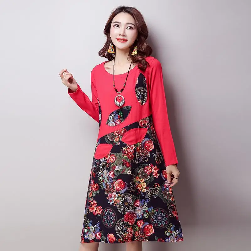 Round Neck Patchwork Floral Printed Casual Dresses