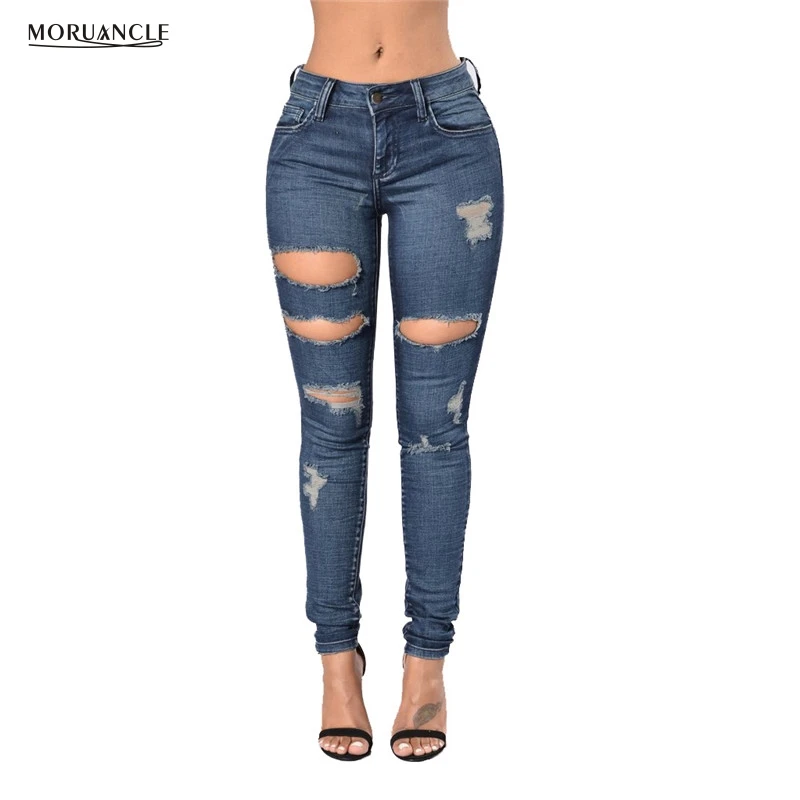 MORUANCLE New vintage ripped jeans pants women fashion slim torn skinny jean ladieswear retrol female distressed