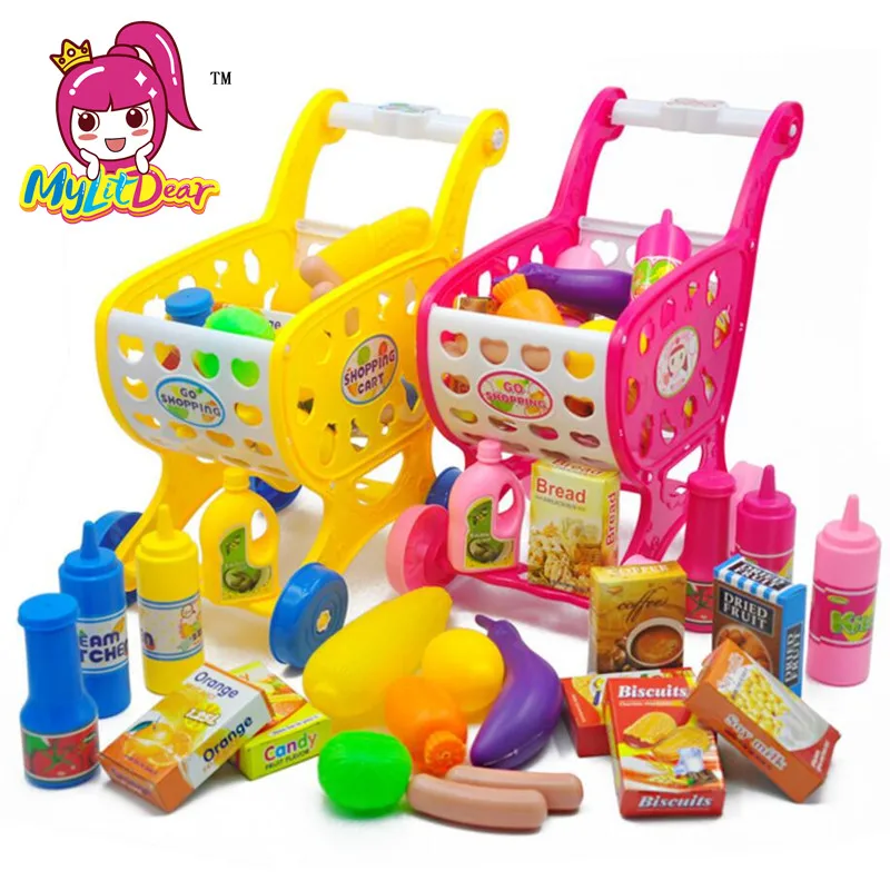 MylitDear Children Play Toys Simulation Supermarket Shopping Cart Big Size Trolleys with Fruit