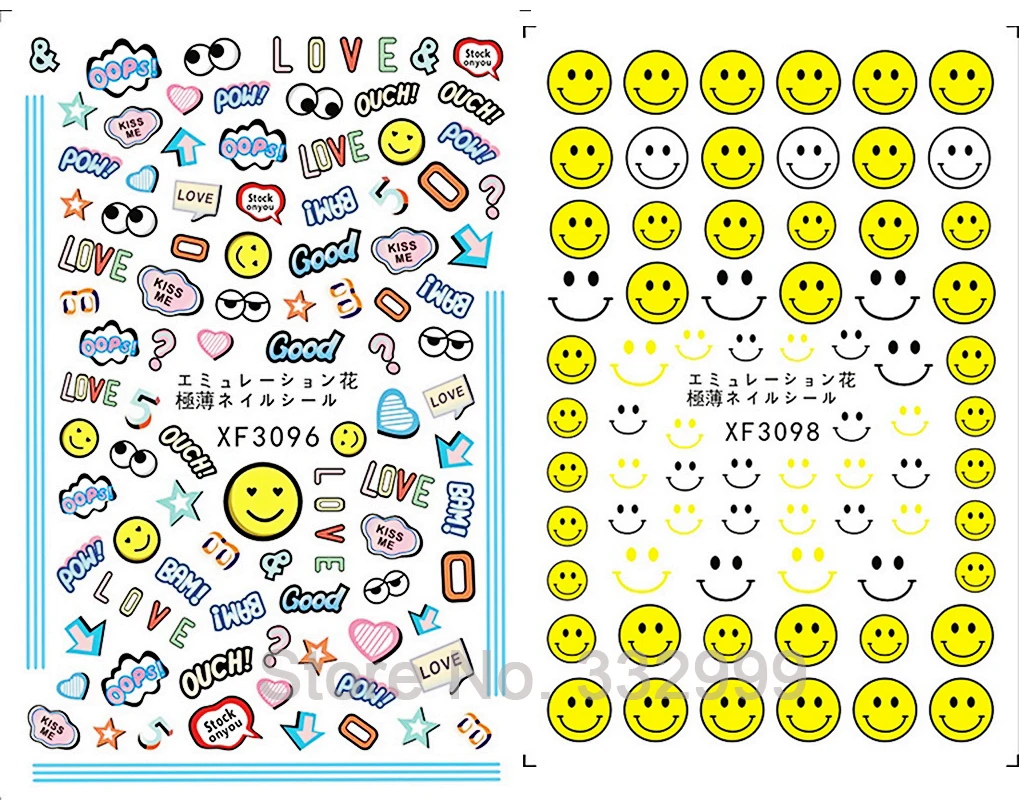 3D LOVE Nail Sticker for Nails Decoration Back Glue Smiling Face Label Decals Manicure Design Nail Art Stickers Big Eyes Letter