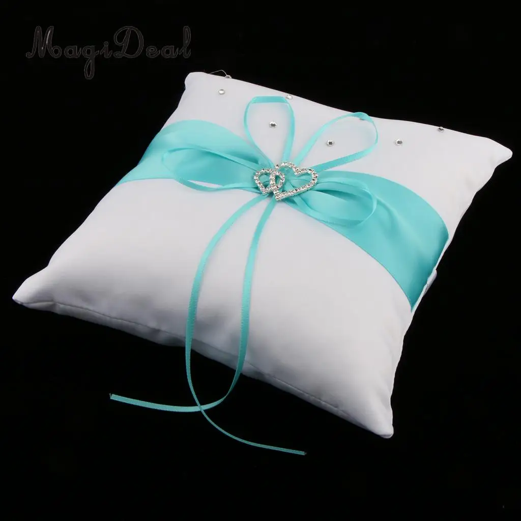 Wedding Ceremony Satin Heart Ring Pillow Diamond Ribbon Ring Bearer Cushion