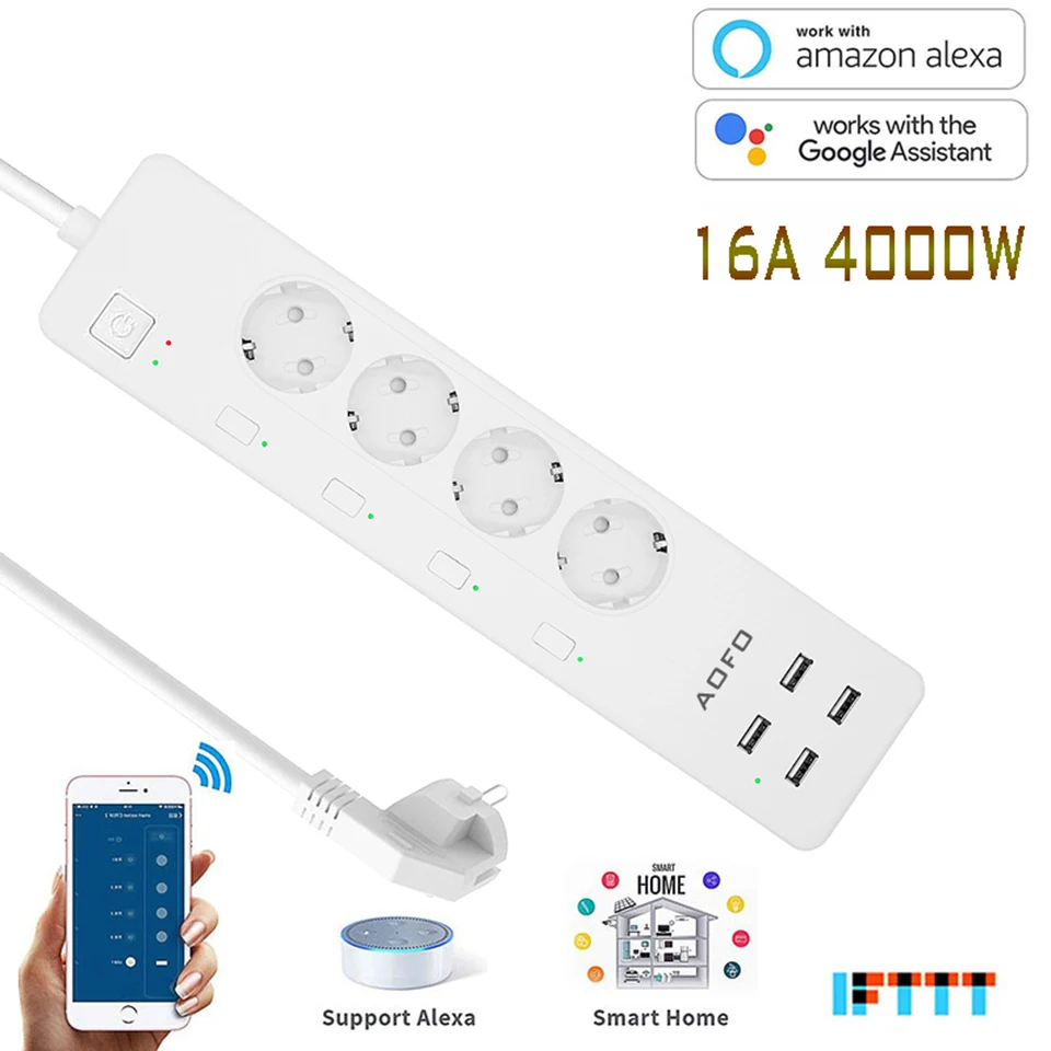 WiFi Smart power Strip стабилизатор напряжения с 4 умные розетки 4 usb-порта удлинитель кабеля питания, работа с Alexa и Google Assistant