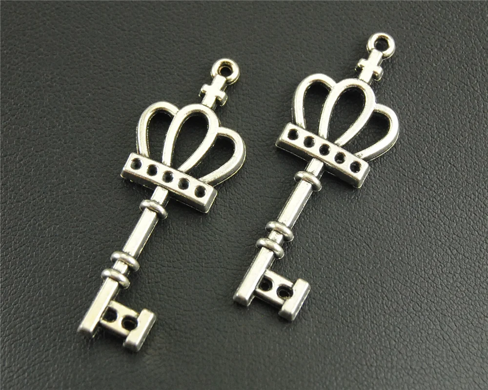8pcs Antique Silver Lovely Large Crown Key Charms 15x44mm Vintage