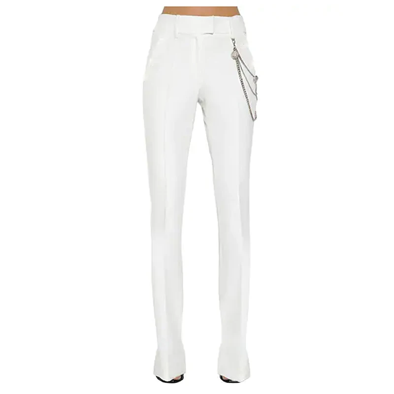 

HIGH QUALITY Newest 2019 Designer Pants Women's Metal Chain Embellished White Pants Trousers